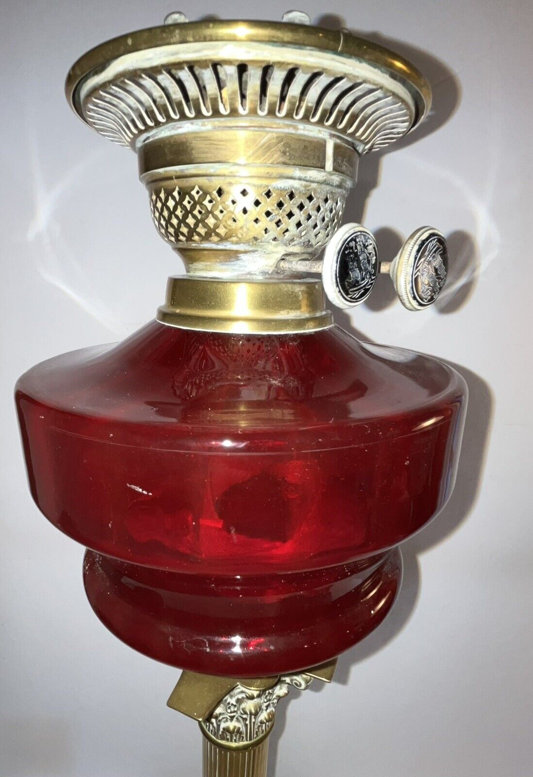 Huge Antique CRANBERRY English Banquet Oil Lamp Duplex Brass Corinthian Column