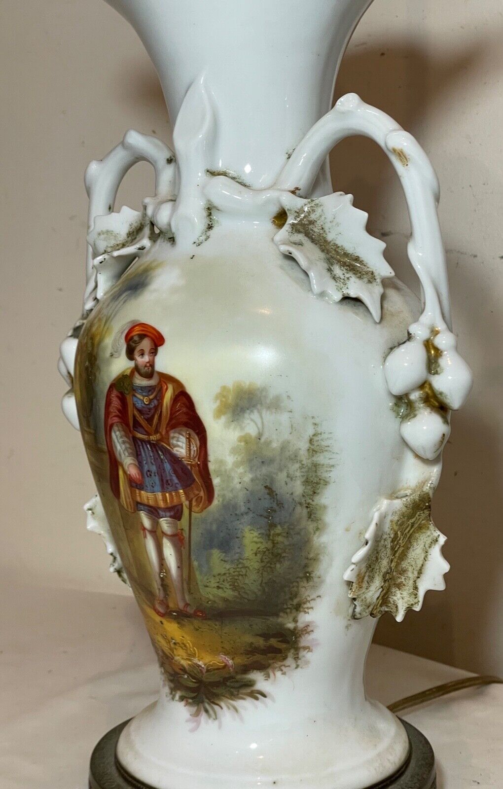 antique 1800's hand painted figural porcelain brass French electrified vase lamp