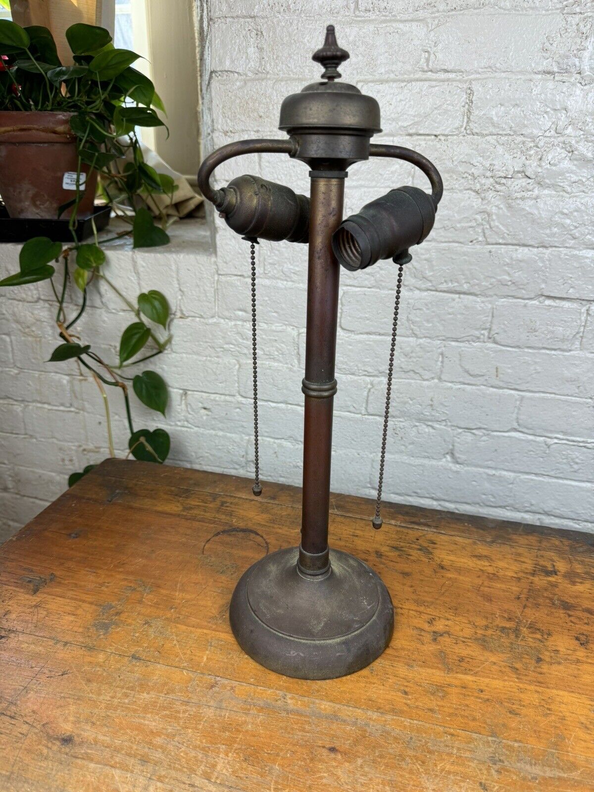 C.1905 Bronze Table Lamp w/ Hubbell Sockets (Mica) & Actual ACORN Pull Chains!!!
