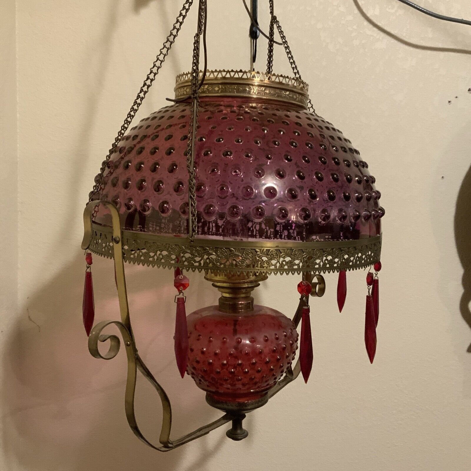 Vintage Antique Red Ruby Flash Hobnail Glass Hanging Oil Parlor Library Lamp