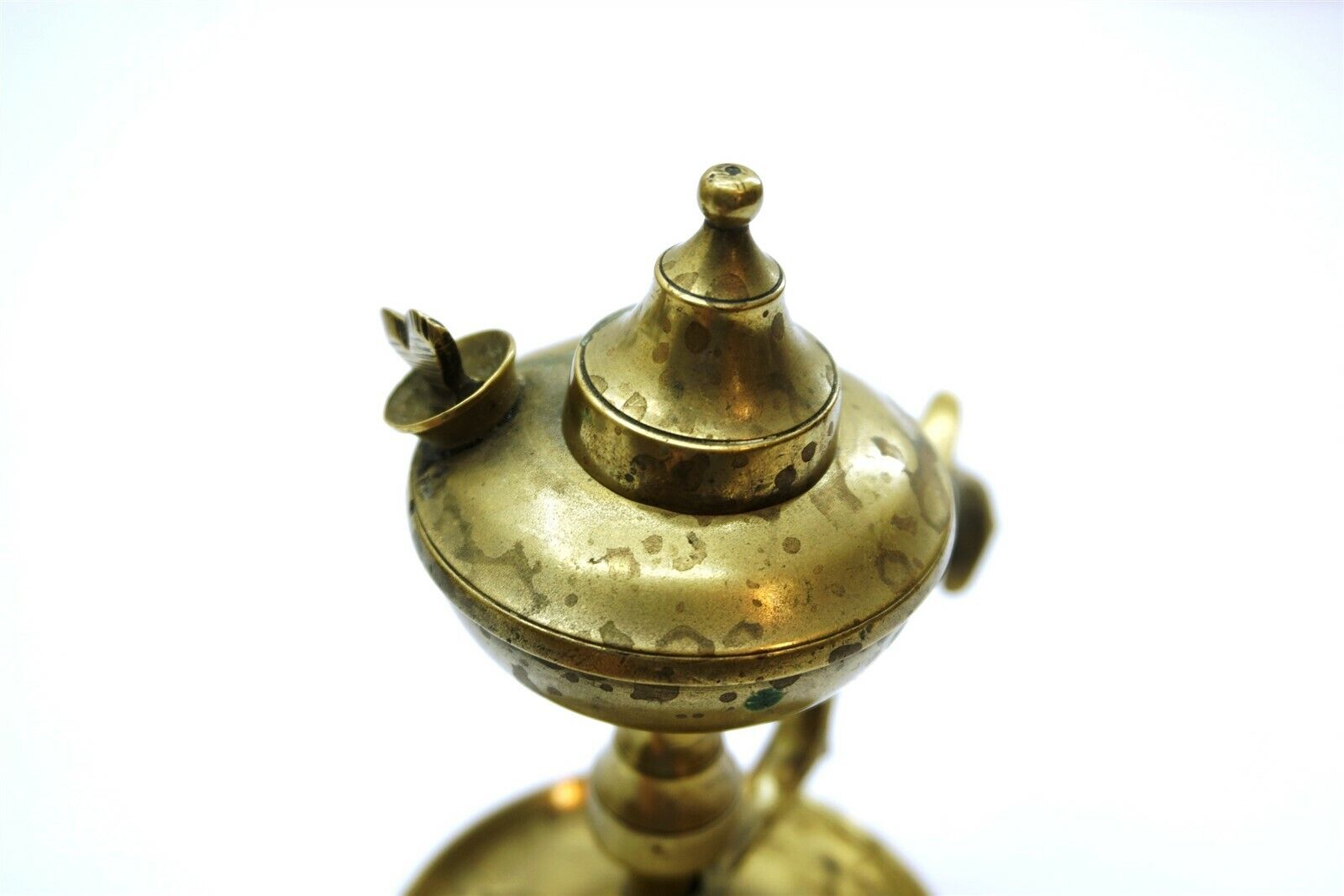 Antique 1800's Brass Whale Oil Finger Lamp with cover and screw out plug 6" tall