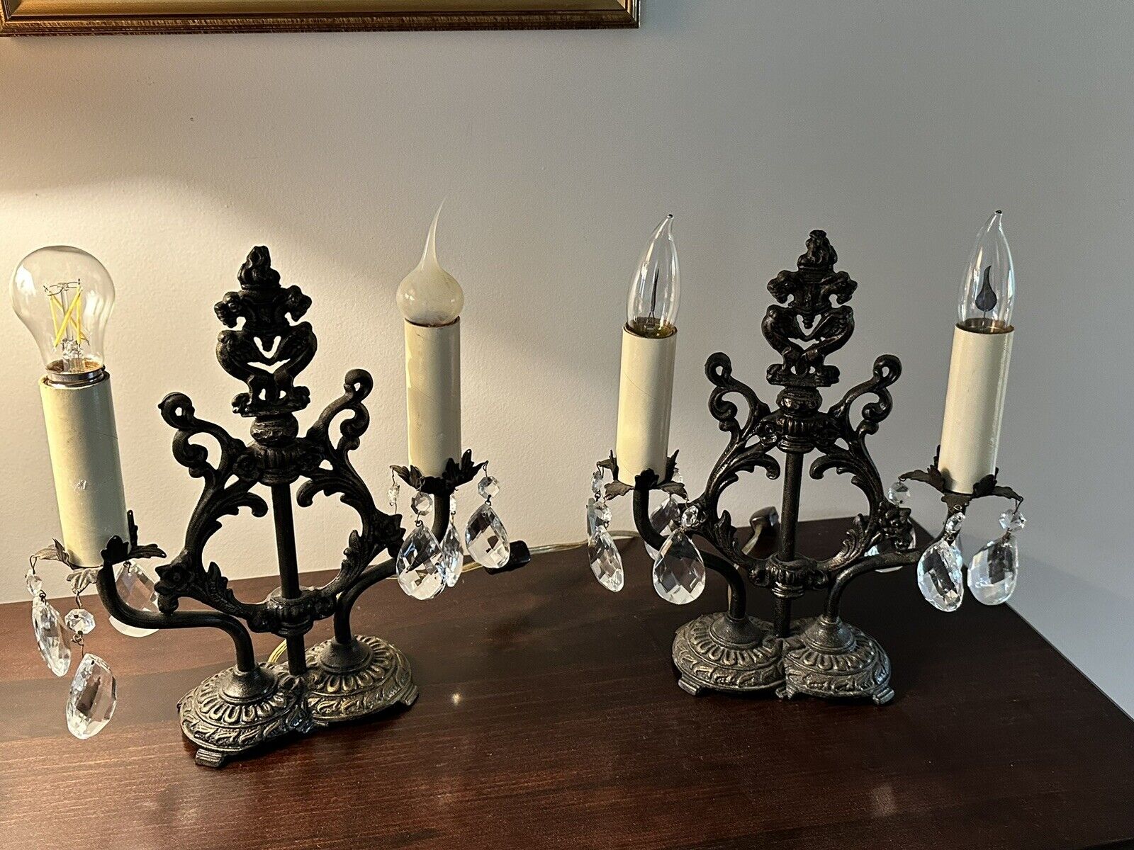 PAIR (2) Antique 1900s Art Nouveau Cast Iron Crescent Model 7069 Lamps Crystals