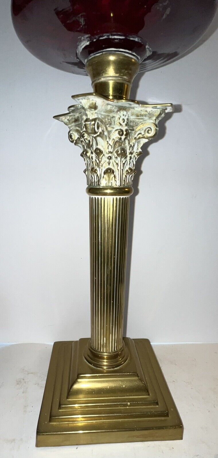 Huge Antique CRANBERRY English Banquet Oil Lamp Duplex Brass Corinthian Column