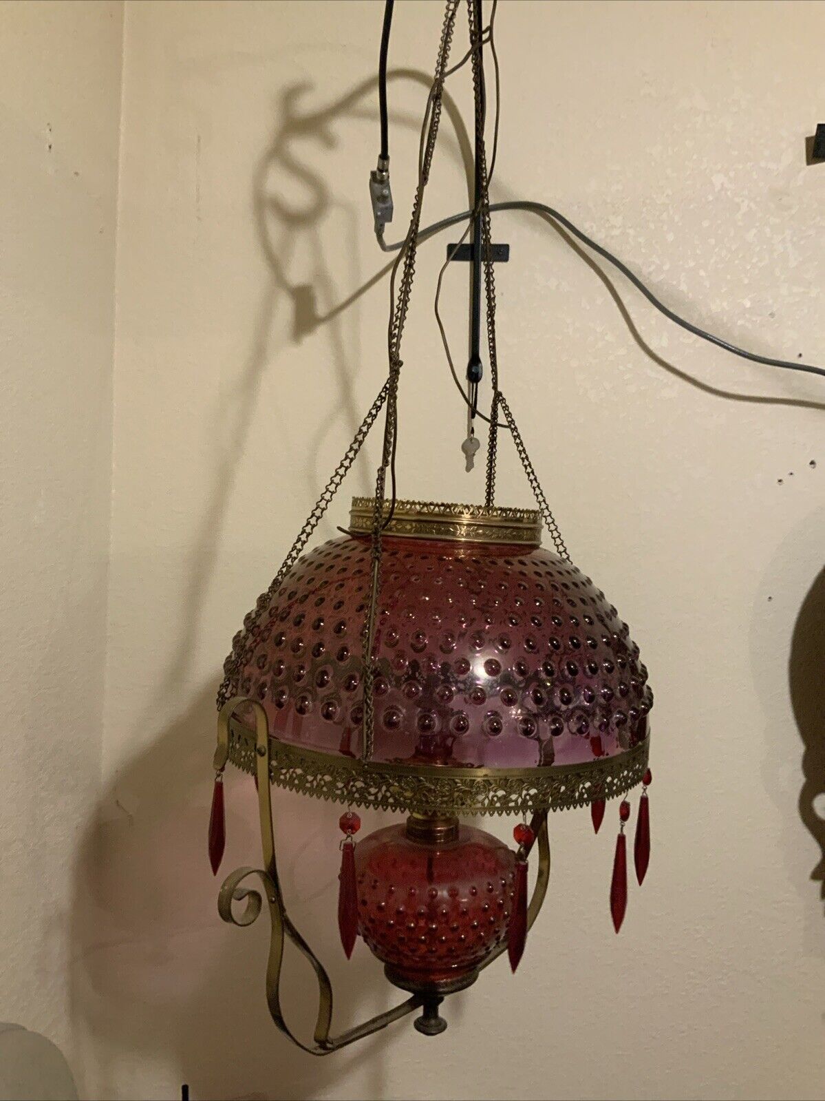 Vintage Antique Red Ruby Flash Hobnail Glass Hanging Oil Parlor Library Lamp