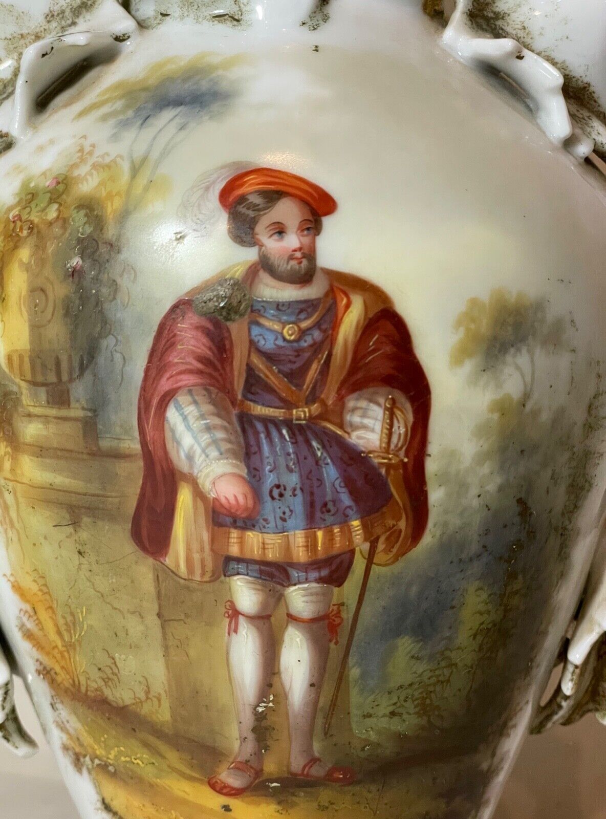 antique 1800's hand painted figural porcelain brass French electrified vase lamp