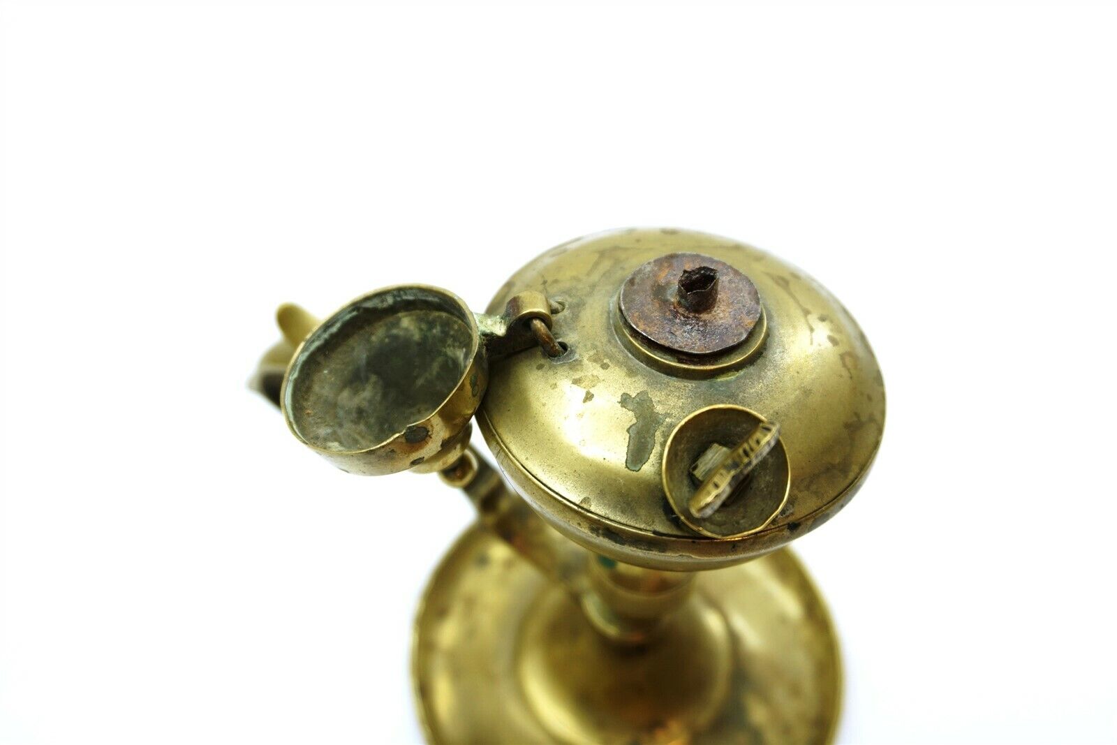Antique 1800's Brass Whale Oil Finger Lamp with cover and screw out plug 6" tall