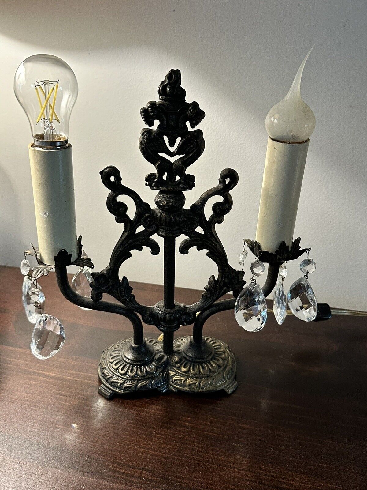 PAIR (2) Antique 1900s Art Nouveau Cast Iron Crescent Model 7069 Lamps Crystals