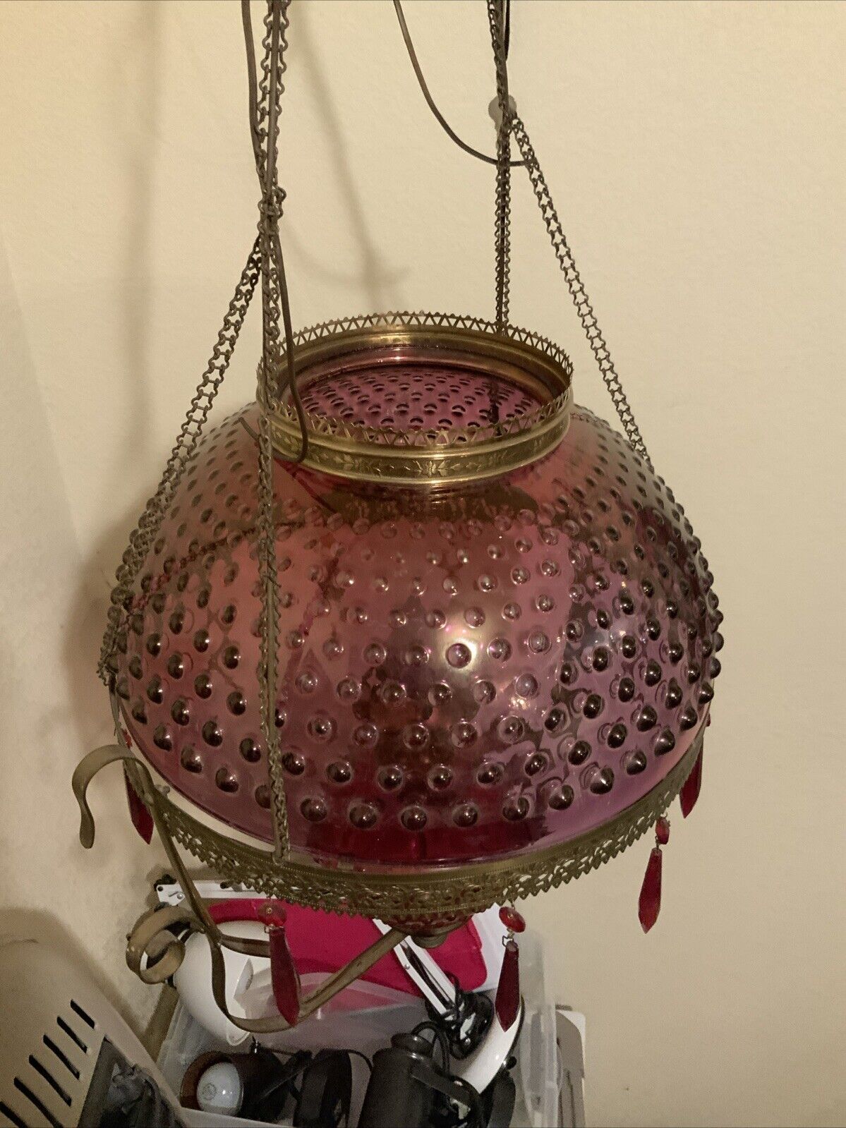 Vintage Antique Red Ruby Flash Hobnail Glass Hanging Oil Parlor Library Lamp