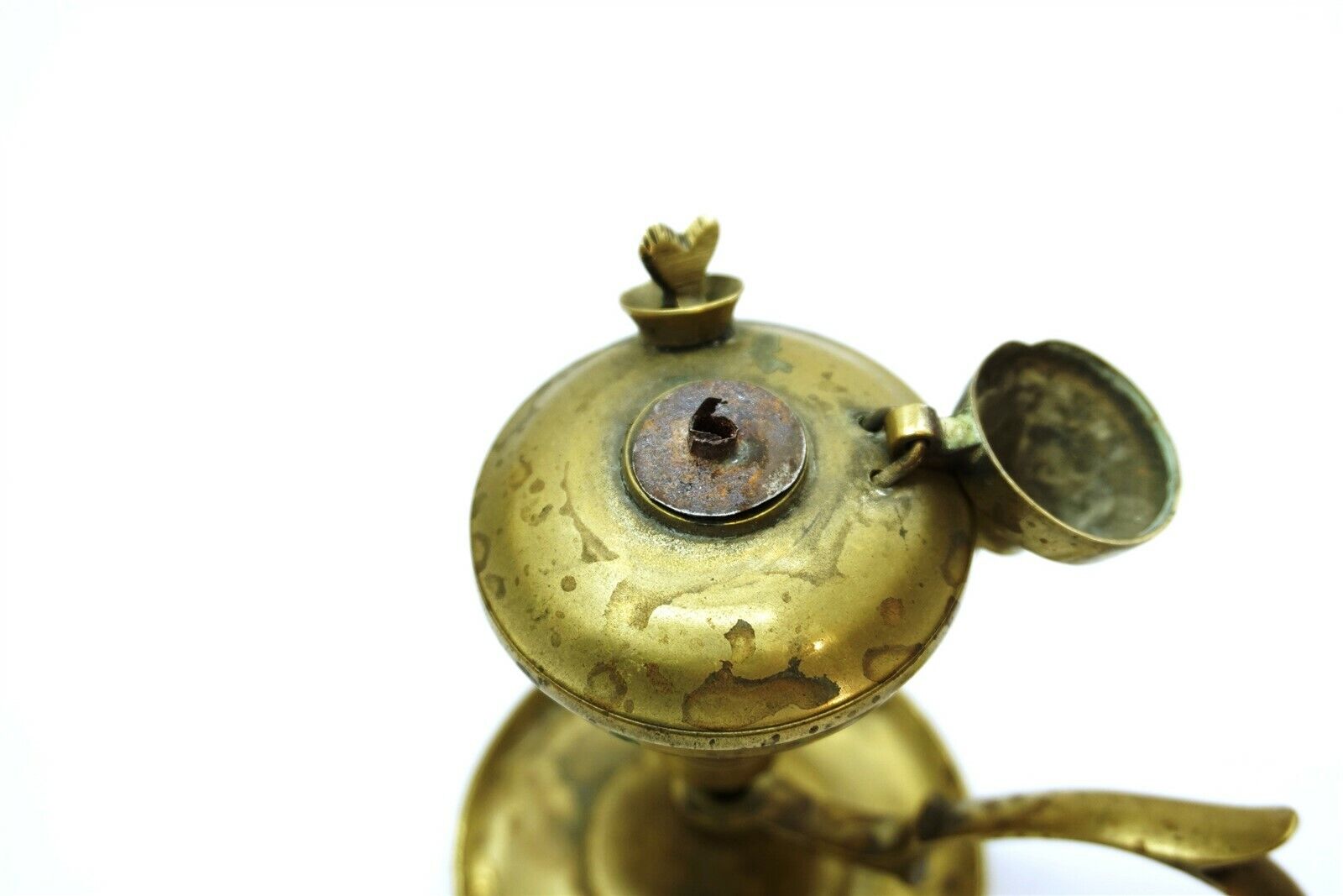 Antique 1800's Brass Whale Oil Finger Lamp with cover and screw out plug 6" tall