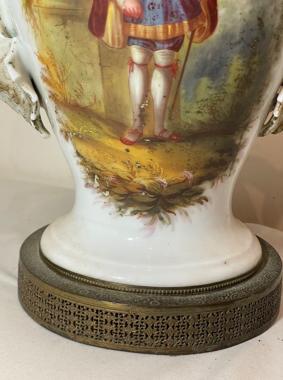 antique 1800's hand painted figural porcelain brass French electrified vase lamp