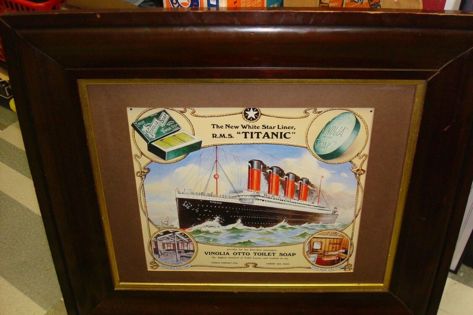 RMS Titanic & Vinolia Otto Toilet Soap Early 1900's Metal Sign Ad in WOOD FRAME