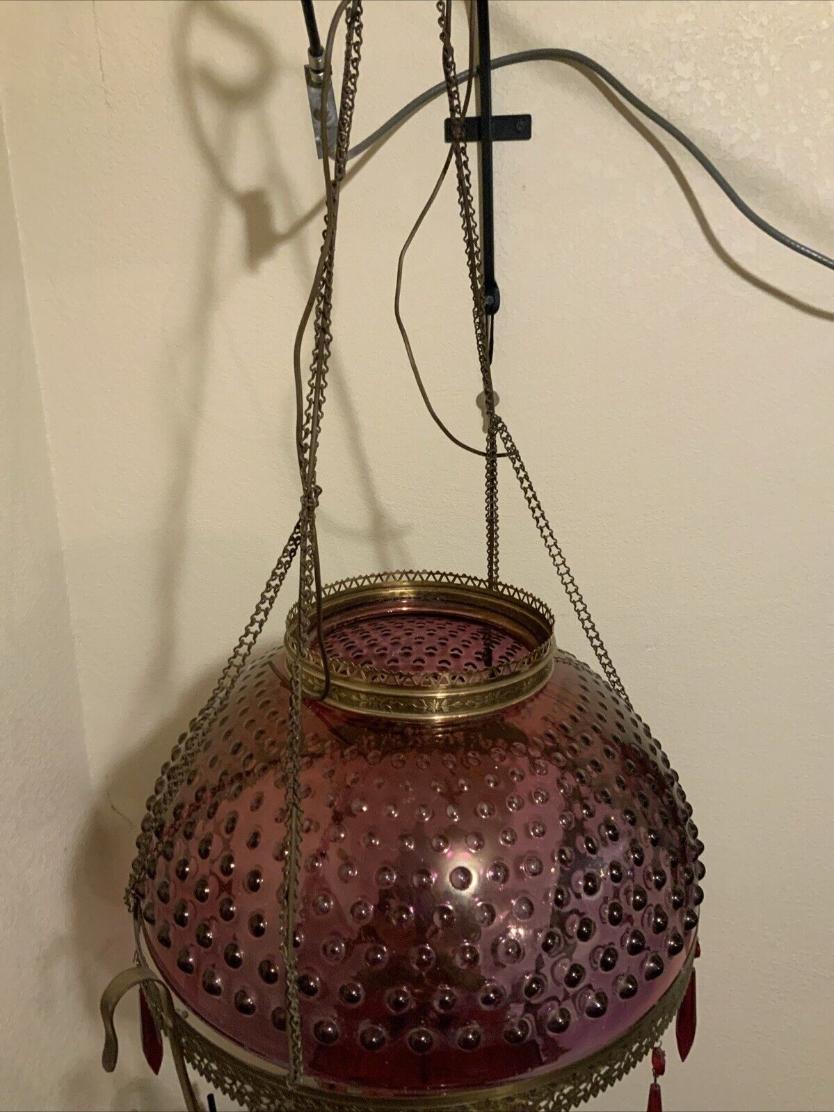 Vintage Antique Red Ruby Flash Hobnail Glass Hanging Oil Parlor Library Lamp