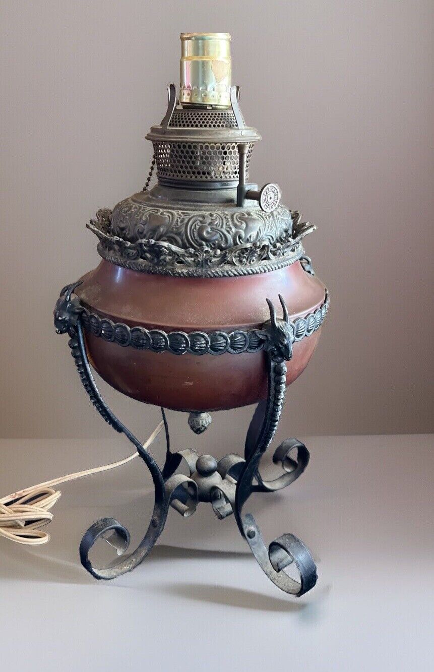 RARE B & H Converted Oil Kerosene Lamp Filigree Rams Heads Tank Intact Gothic