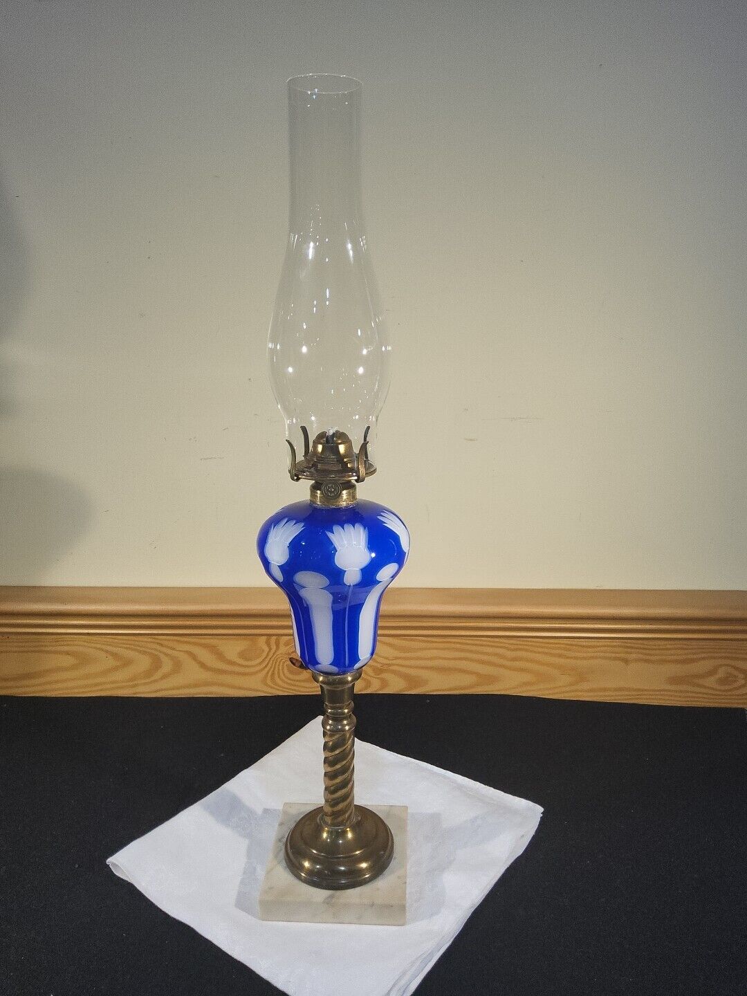 Atq 1800s Boston Sandwich Cobalt Blue Cut To White Overlay Oil Kerosene Lamp