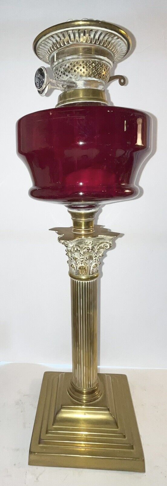 Huge Antique CRANBERRY English Banquet Oil Lamp Duplex Brass Corinthian Column