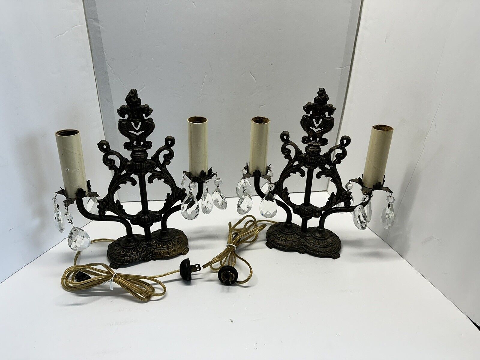 PAIR (2) Antique 1900s Art Nouveau Cast Iron Crescent Model 7069 Lamps Crystals