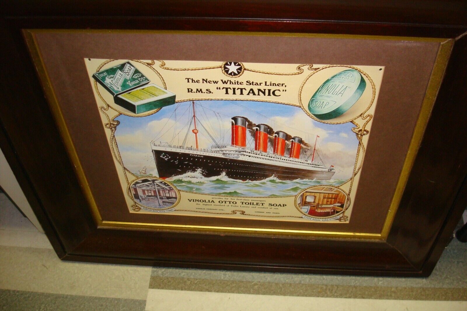 RMS Titanic & Vinolia Otto Toilet Soap Early 1900's Metal Sign Ad in WOOD FRAME