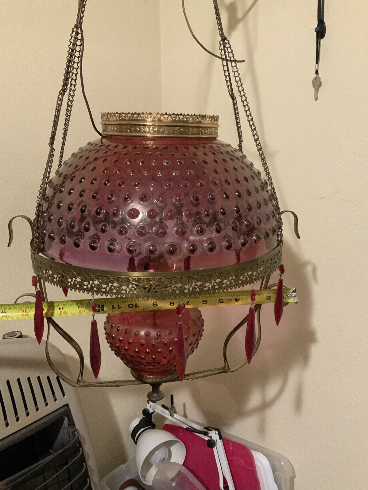 Vintage Antique Red Ruby Flash Hobnail Glass Hanging Oil Parlor Library Lamp