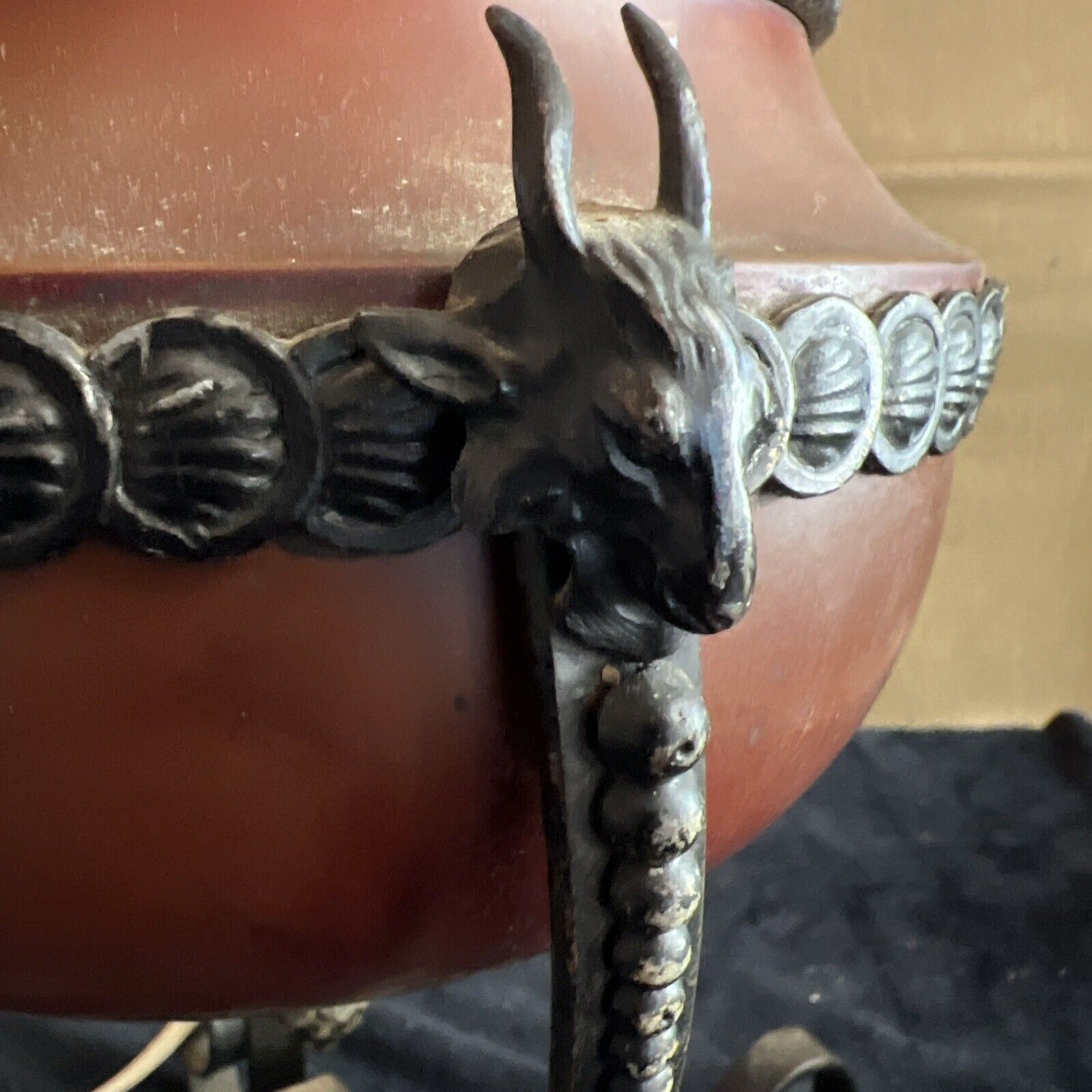 RARE B & H Converted Oil Kerosene Lamp Filigree Rams Heads Tank Intact Gothic