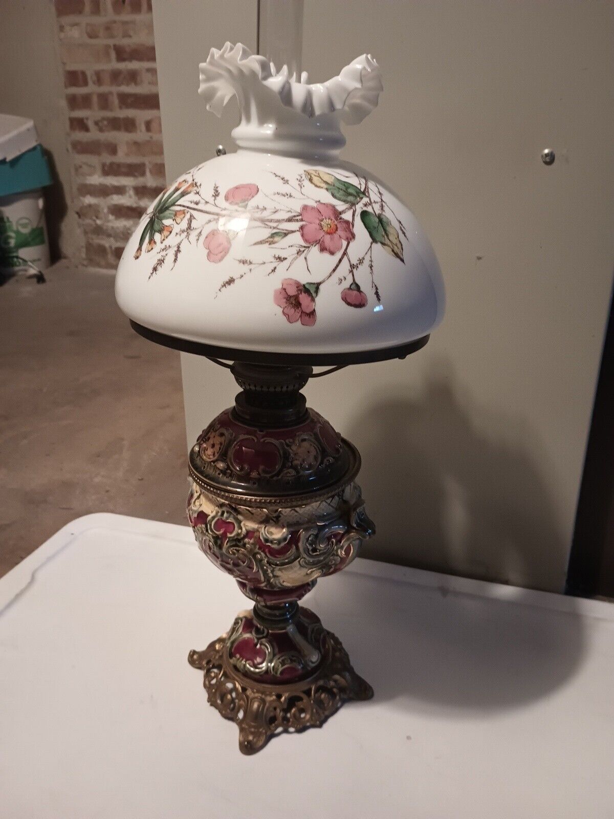 Vintage Art Nouveau French Table Oil Lamp Red Parlor Victorian 