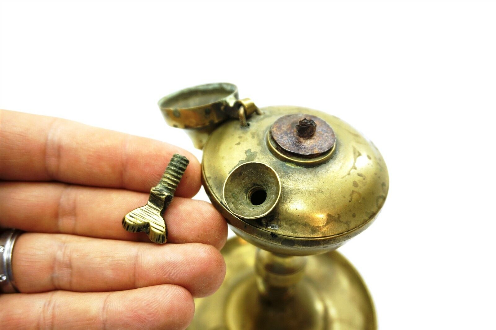 Antique 1800's Brass Whale Oil Finger Lamp with cover and screw out plug 6" tall