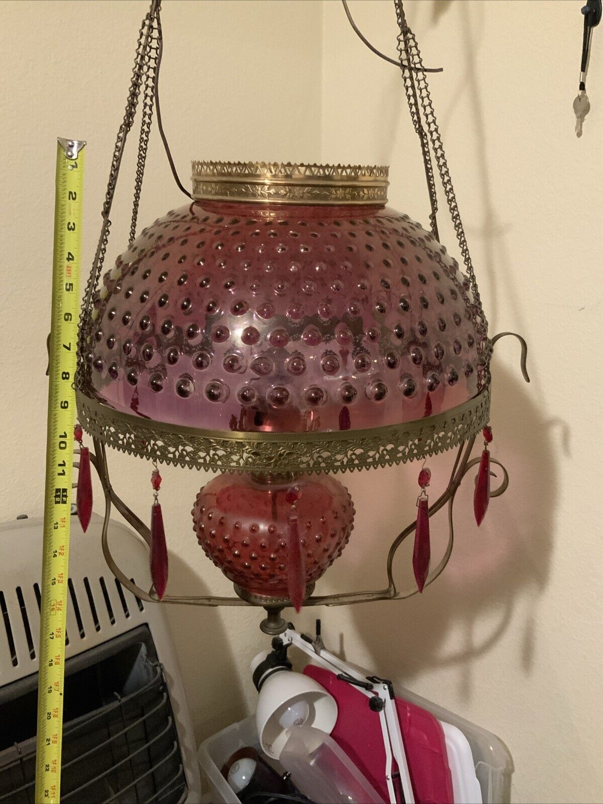 Vintage Antique Red Ruby Flash Hobnail Glass Hanging Oil Parlor Library Lamp