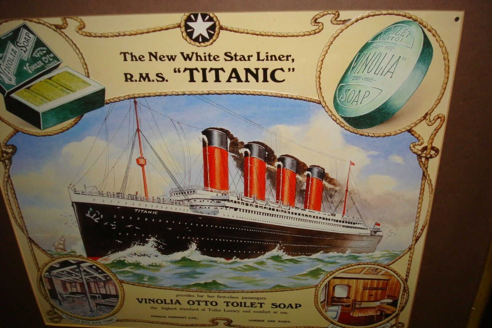 RMS Titanic & Vinolia Otto Toilet Soap Early 1900's Metal Sign Ad in WOOD FRAME