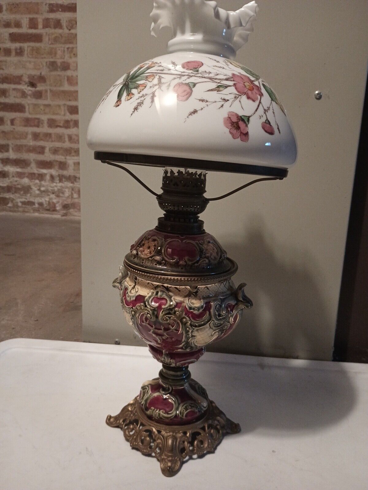 Vintage Art Nouveau French Table Oil Lamp Red Parlor Victorian 