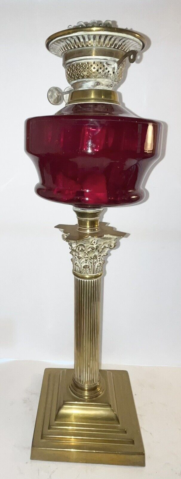 Huge Antique CRANBERRY English Banquet Oil Lamp Duplex Brass Corinthian Column