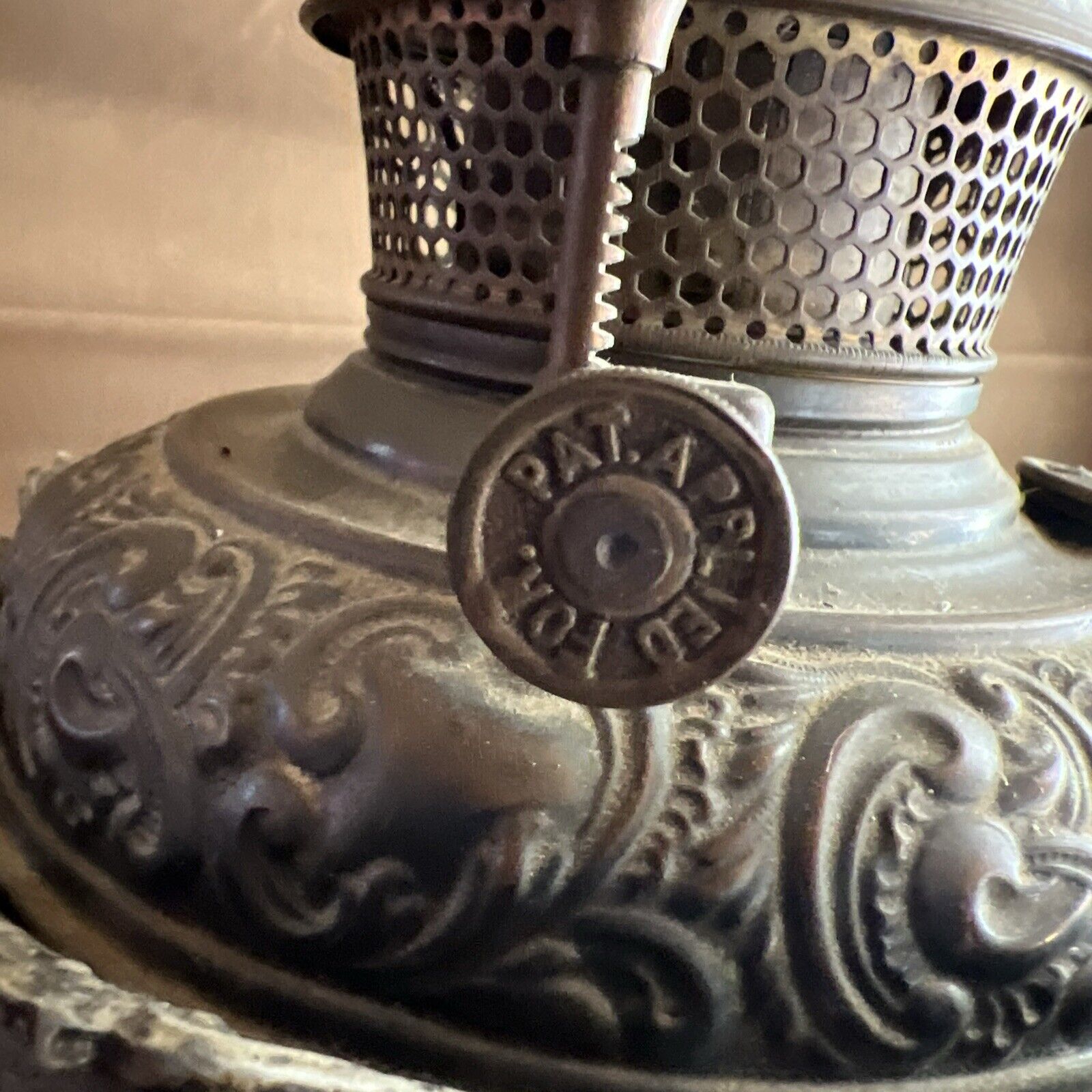 RARE B & H Converted Oil Kerosene Lamp Filigree Rams Heads Tank Intact Gothic