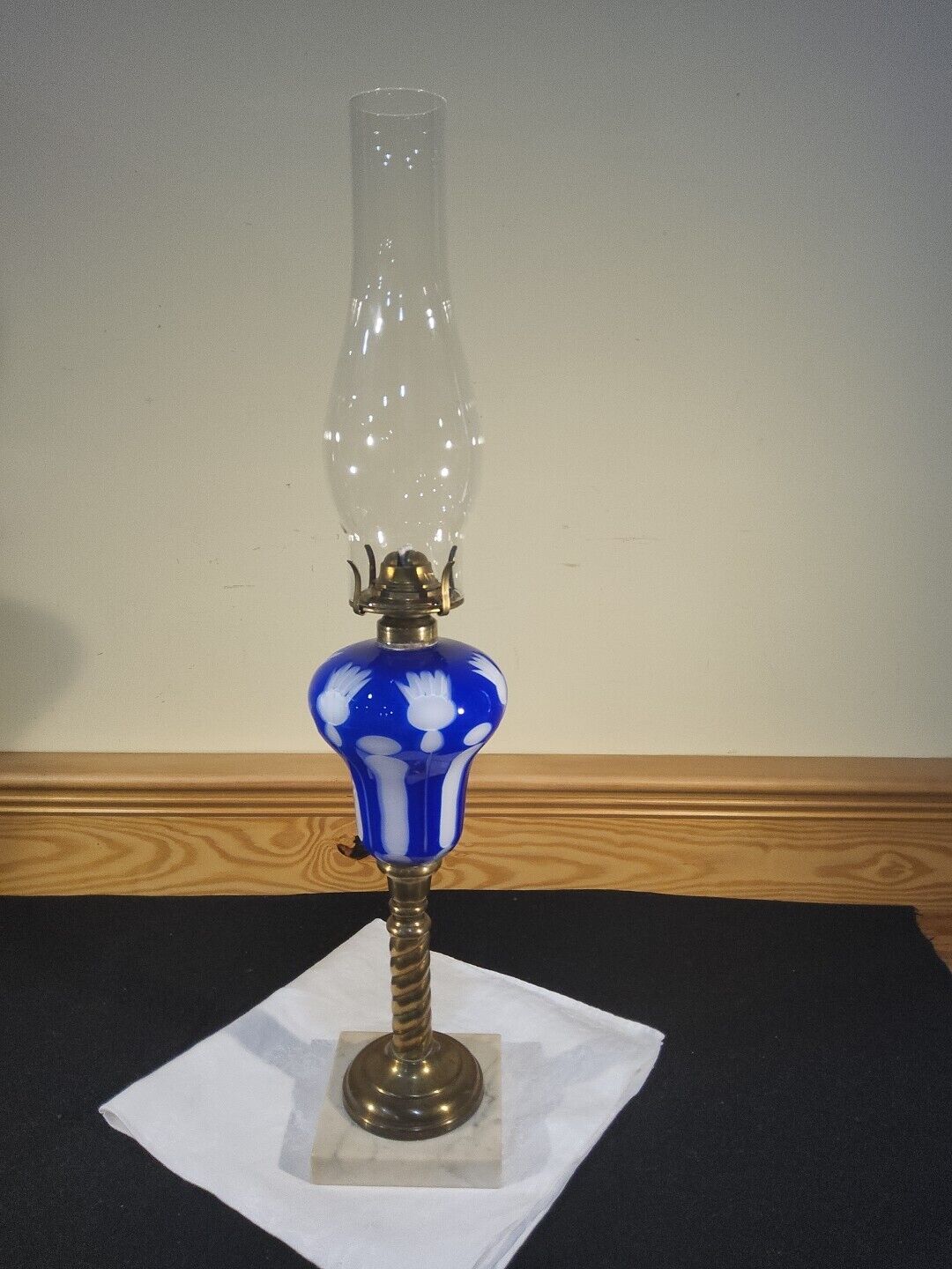 Atq 1800s Boston Sandwich Cobalt Blue Cut To White Overlay Oil Kerosene Lamp