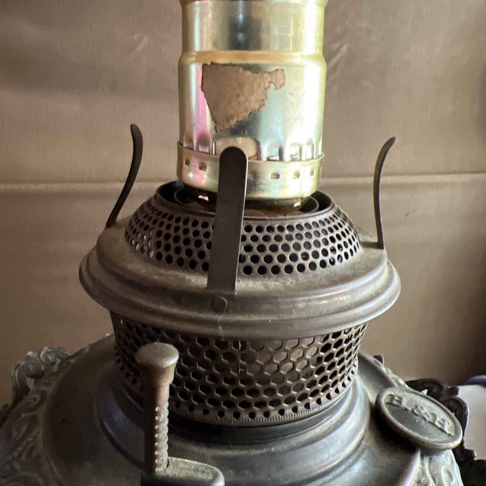 RARE B & H Converted Oil Kerosene Lamp Filigree Rams Heads Tank Intact Gothic