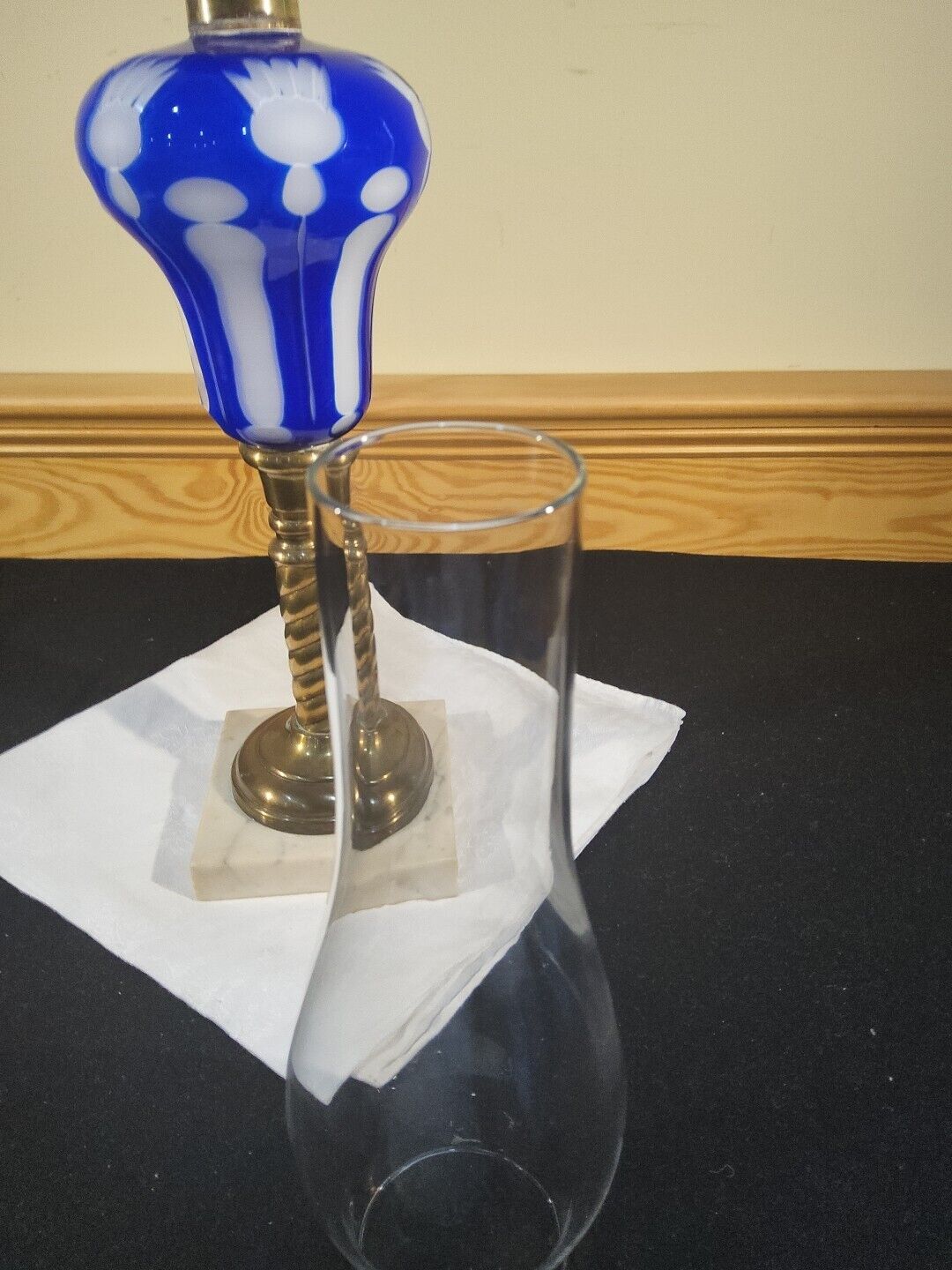 Atq 1800s Boston Sandwich Cobalt Blue Cut To White Overlay Oil Kerosene Lamp