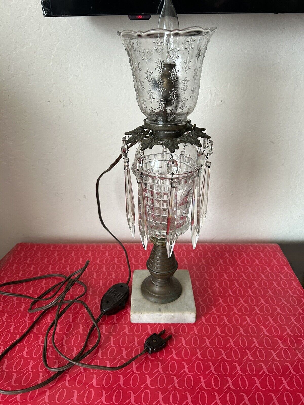 Antique Oil Table Lamp 1800s Brass Crystal Converted into Electric
