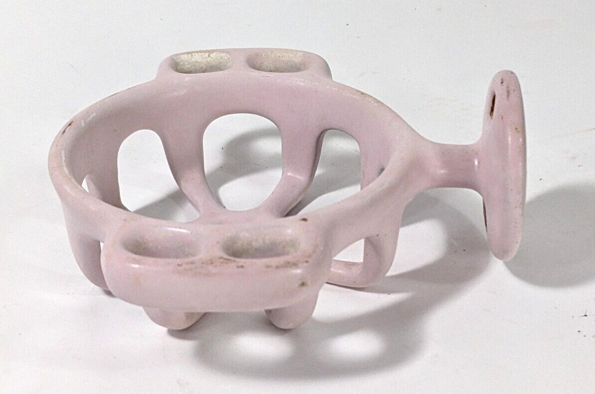 Antique Toothbrush Cup Porcelain Cast Iron Dish Wall Mount Pink Dusty Rose 1950'