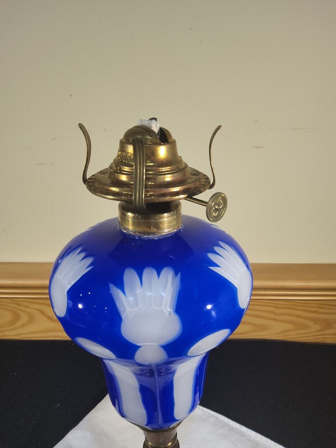 Atq 1800s Boston Sandwich Cobalt Blue Cut To White Overlay Oil Kerosene Lamp