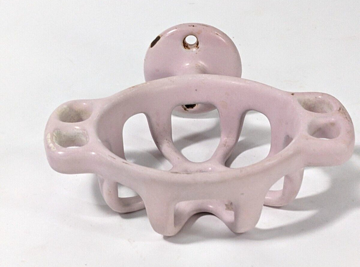 Antique Toothbrush Cup Porcelain Cast Iron Dish Wall Mount Pink Dusty Rose 1950'