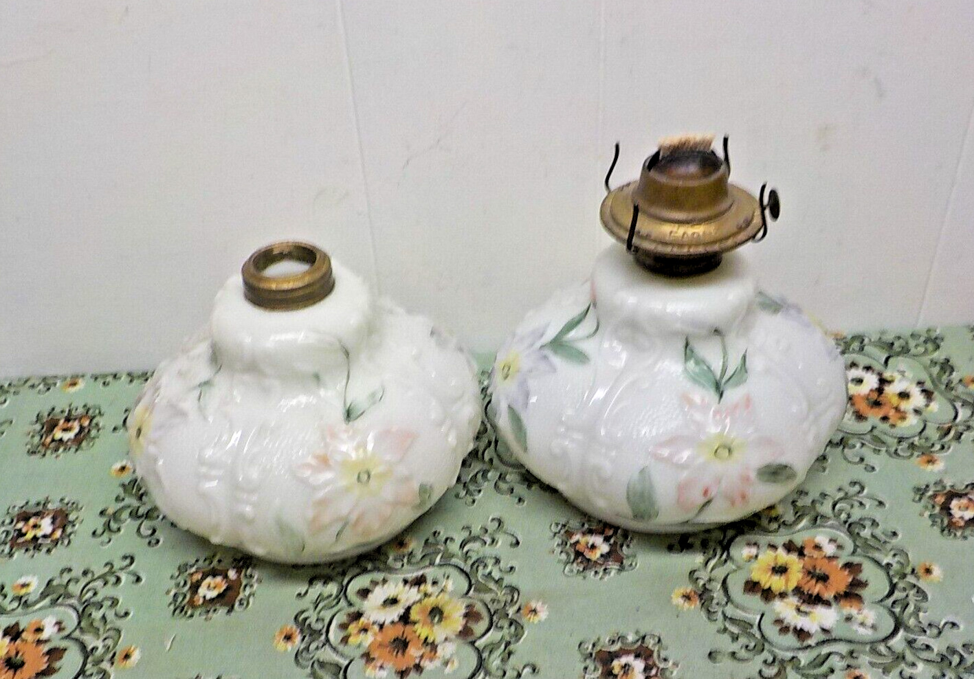 2 Vintage Matching Glass Porcelain OIL LAMPS 1 Needs A Burner