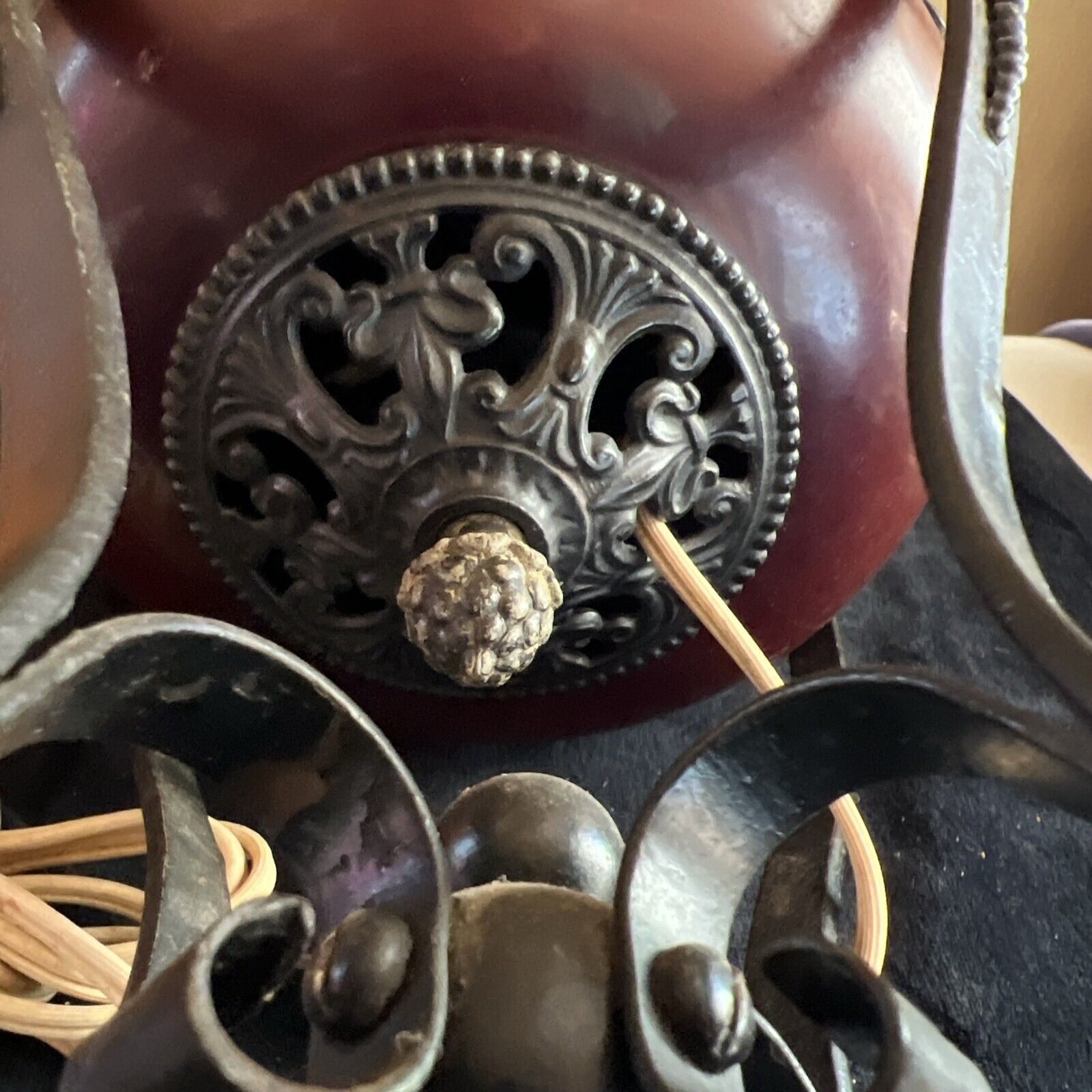 RARE B & H Converted Oil Kerosene Lamp Filigree Rams Heads Tank Intact Gothic