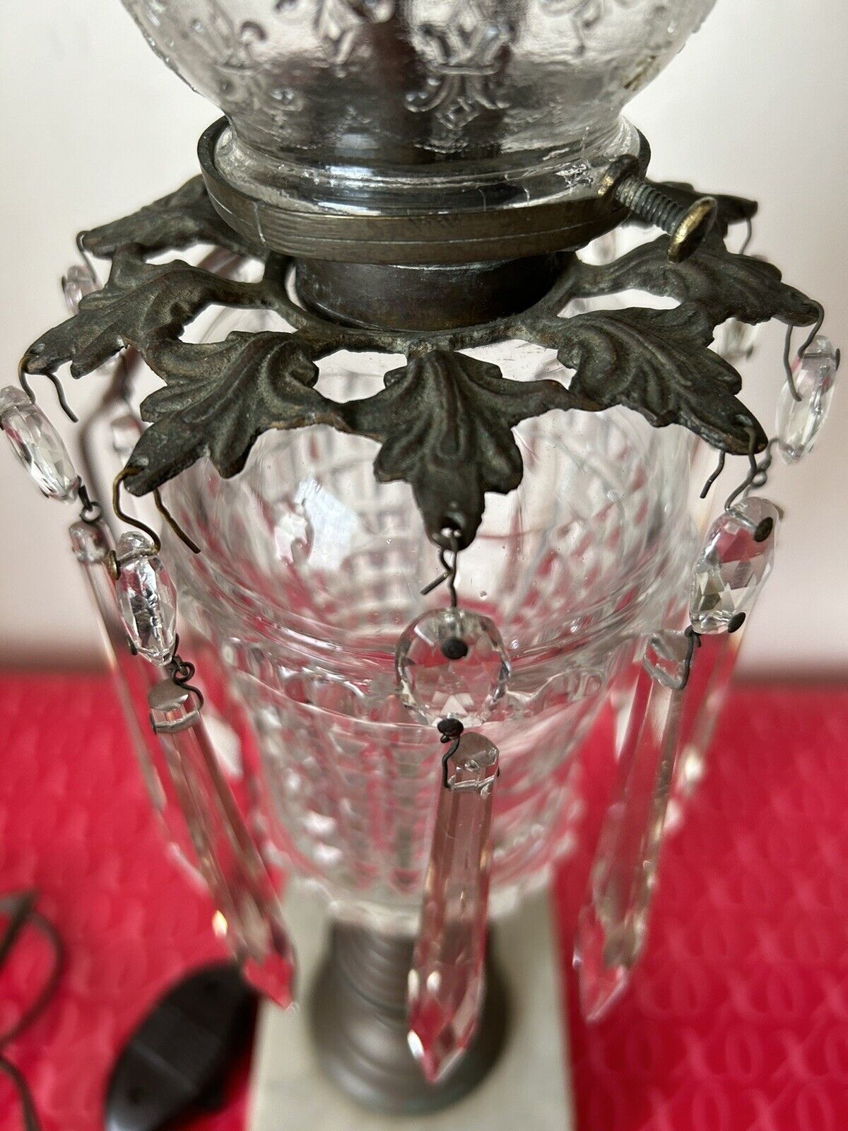 Antique Oil Table Lamp 1800s  Brass Crystal Converted into Electric