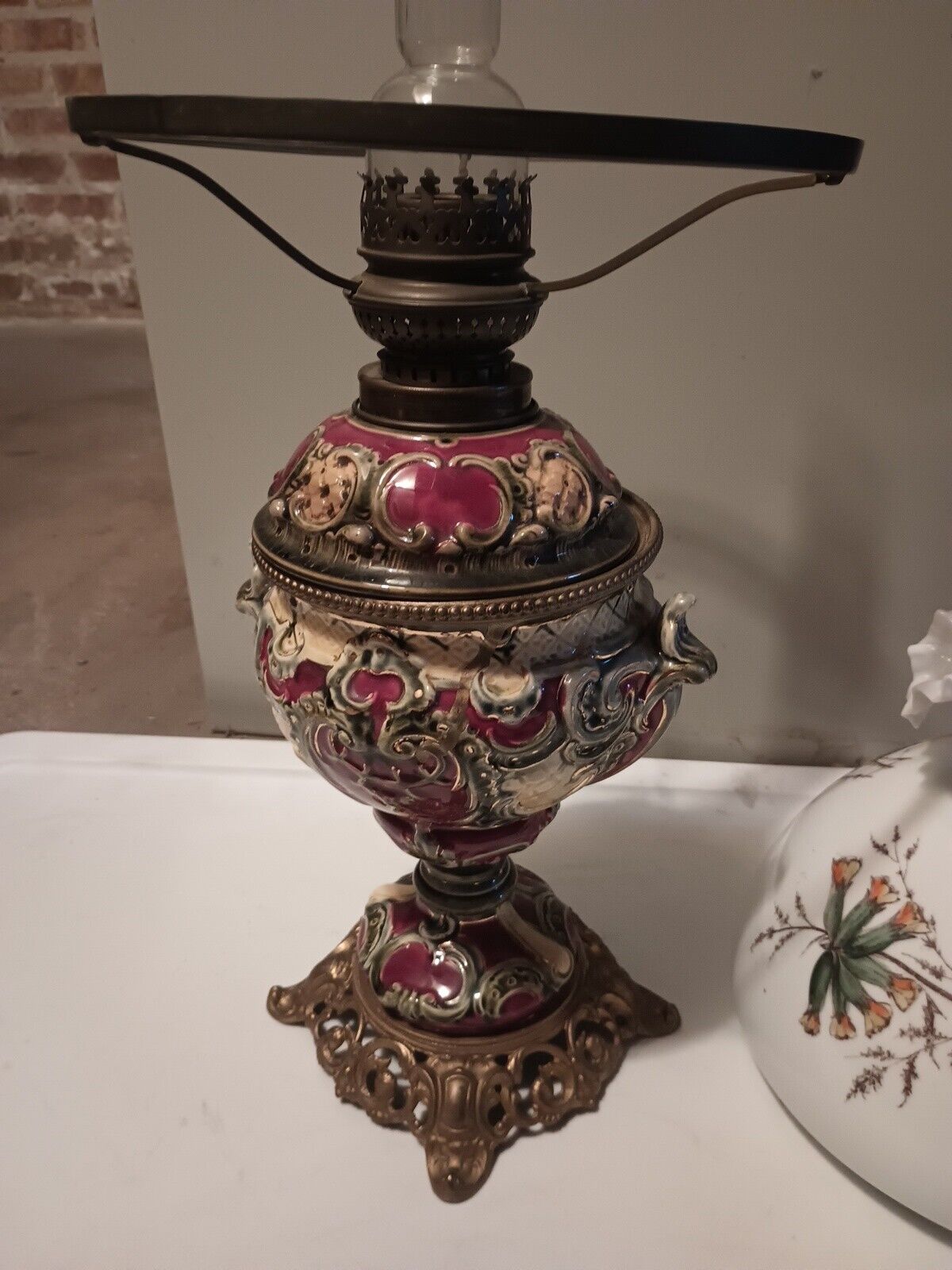 Vintage Art Nouveau French Table Oil Lamp Red Parlor Victorian 