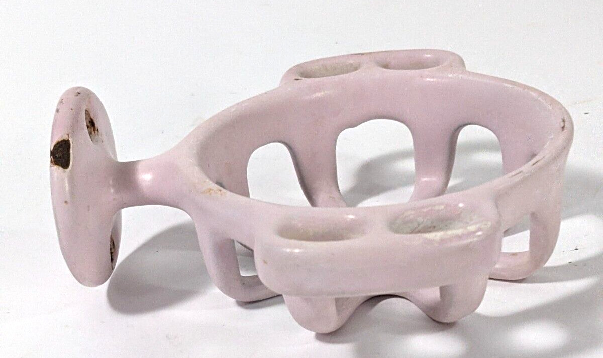 Antique Toothbrush Cup Porcelain Cast Iron Dish Wall Mount Pink Dusty Rose 1950'