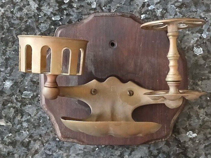 Antique brass bathroom toothbrush, soap and cup holder circa 1900