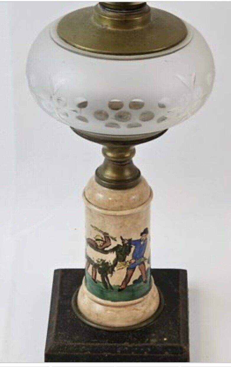 1800s Converted Lamp With Pictorial Ironstone Pedestal And Iron Base Antique