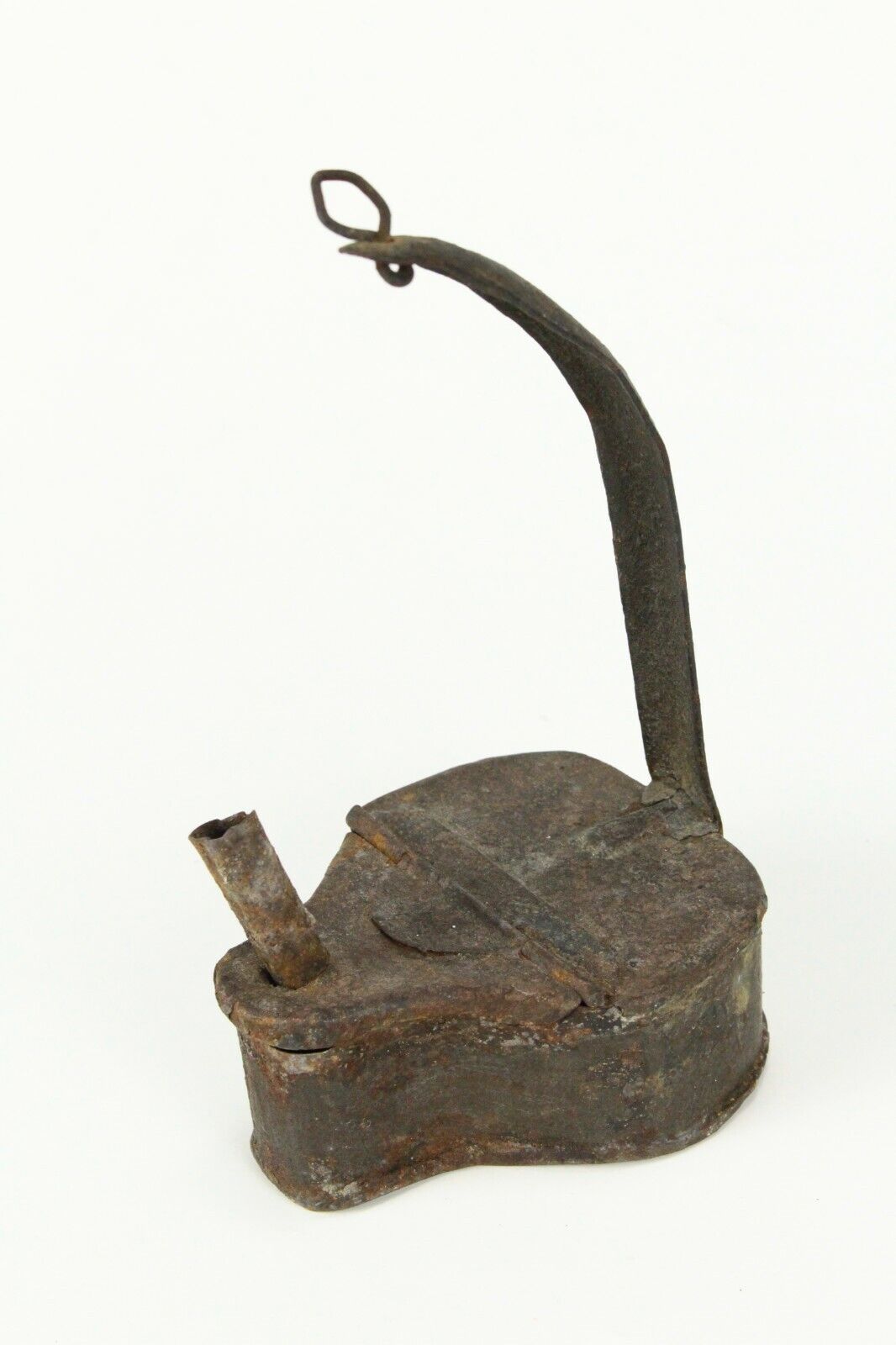 =Antique 1700's Betty Lamp Black Early American Whale Oil Lamp with Hinged Lid