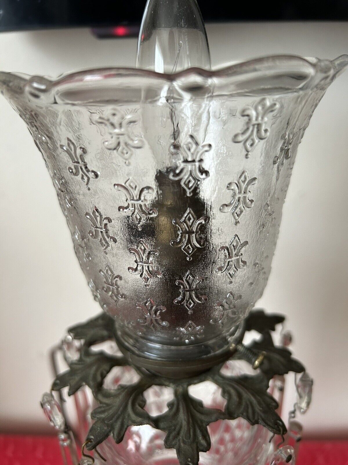 Antique Oil Table Lamp 1800s  Brass Crystal Converted into Electric