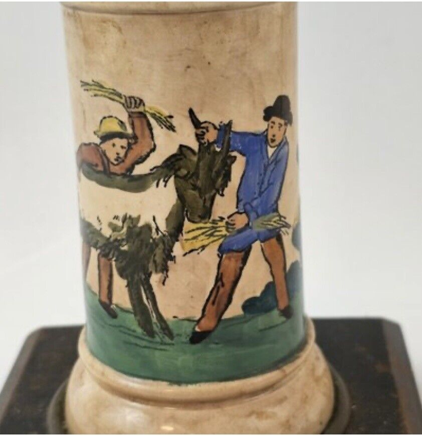 1800s Converted Lamp With Pictorial Ironstone Pedestal And Iron Base Antique