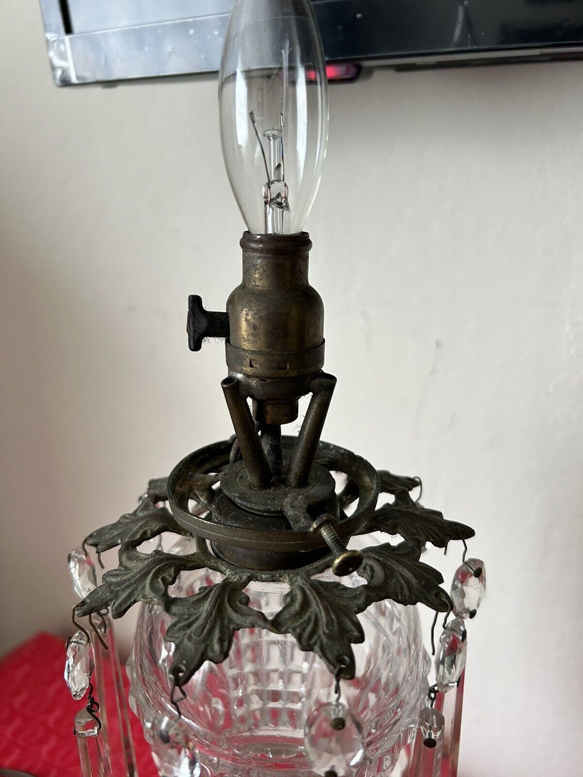 Antique Oil Table Lamp 1800s  Brass Crystal Converted into Electric
