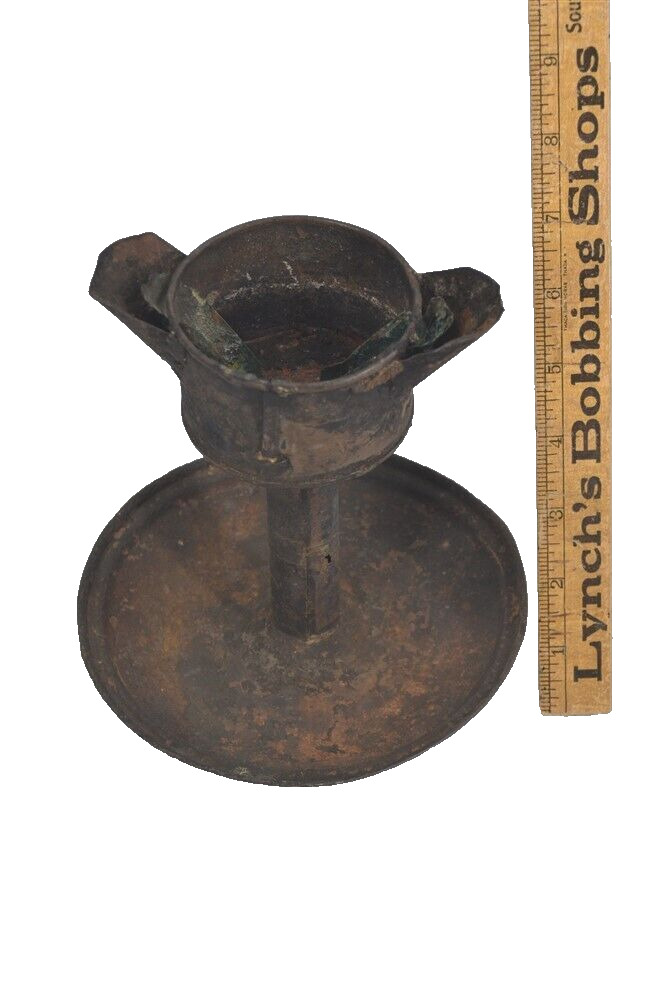 antique grease/whale oil lamp lantern tin two wick spouts 7 in. 18th c original 