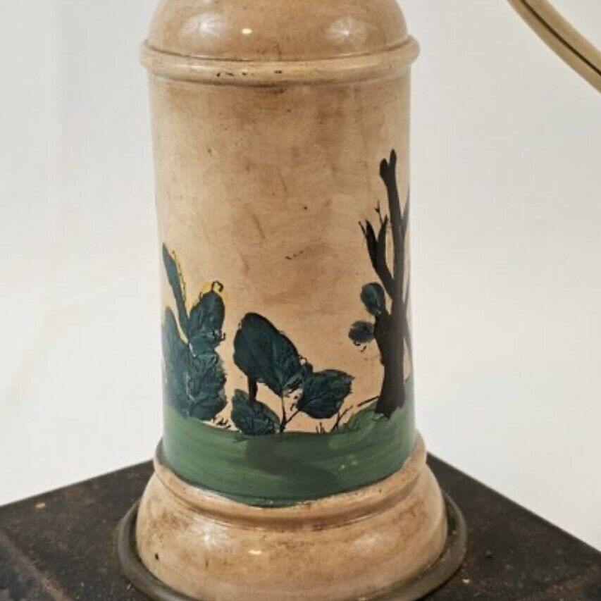 1800s Converted Lamp With Pictorial Ironstone Pedestal And Iron Base Antique